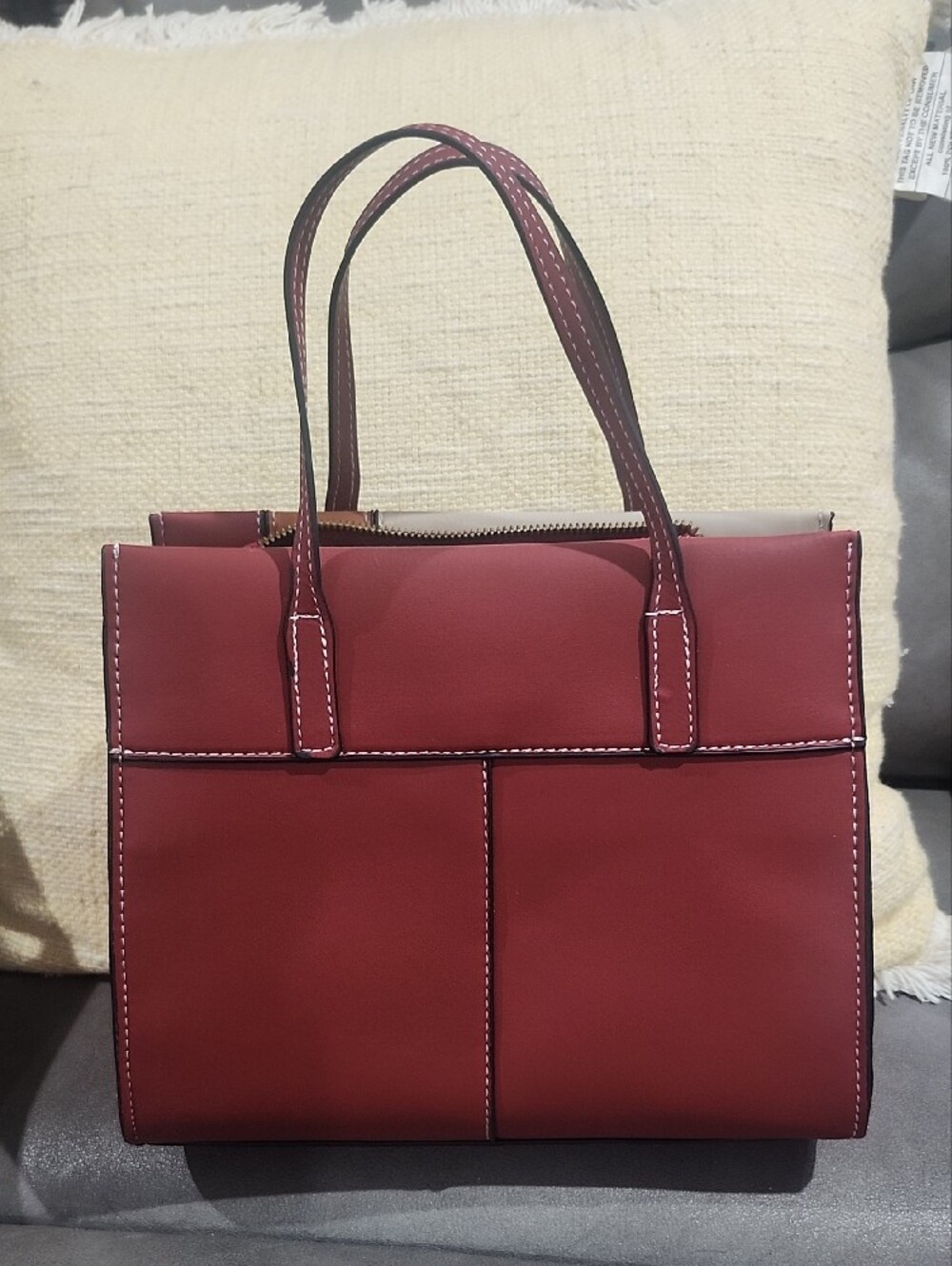 Patchwork Cream, Brown & Burgundy Paneled Tote/Crossbody - Picture 3 of 7